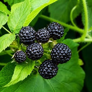 May include: A cluster of ripe, dark purple blackberries with a glossy, textured surface, attached to a green stem surrounded by several vibrant, serrated green leaves. The berries are round and composed of many small, individual drupelets.