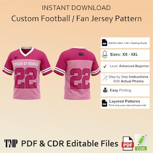 May include: A digital pattern for a custom football jersey in pink and dark pink with the number 22, featuring text that reads INSTANT DOWNLOAD, Custom Football / Fan Jersey Pattern, DBM, DESIGN BY MURAD, and PDF & CDR Editable Files.