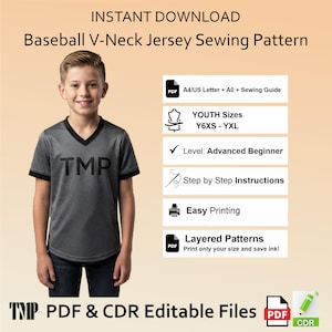 May include: A digital sewing pattern for a baseball V-neck jersey featuring the text TMP. Includes A4, US Letter, and A0 formats, youth sizes Y6XS to YXL, advanced beginner level, step-by-step instructions, easy printing, and layered PDF and CDR files.