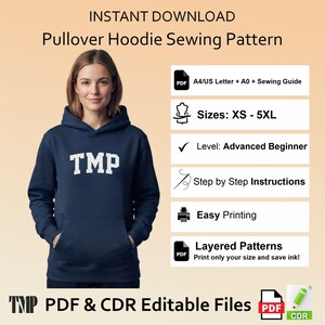 Peut inclure: Un sweat à capuche bleu marine avec le texte TMP en blanc sur la poitrine. L'image contient le texte : INSTANT DOWNLOAD Pullover Hoodie Sewing Pattern, A4/US Letter + A0 + Sewing Guide, Sizes: XS - 5XL, Level: Advanced Beginner, Step by Step Instructions, Easy Printing, Layered Patterns, PDF & CDR Editable Files.