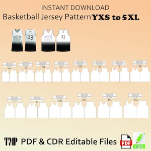 May include: A digital sewing pattern for a basketball jersey in sizes YXS to 5XL. The image displays four jersey examples with a white-to-black gradient and the number 23, alongside numerous white pattern outlines for various sizes with labels.