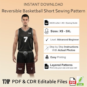 May include: A digital sewing pattern for reversible basketball shorts, featuring a black jersey with the number 7 and TMP logo. The graphic includes text: Instant Download, Reversible Basketball Short Sewing Pattern, A4/US Letter + A0 + Sewing Guide, Sizes: XS - 5XL, Level: Advanced Beginner, Step by Step Instructions With Actual Photos, Easy Printing, Layered Patterns, and PDF & CDR Editable Files.