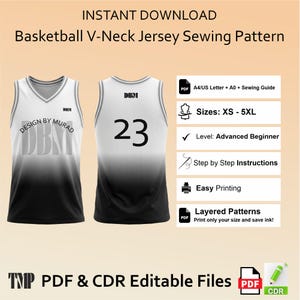 May include: A digital sewing pattern for a basketball V-neck jersey with a white-to-black gradient. The front features the text DESIGN BY MURAD and DBM, while the back displays the number 23 and DBM. Includes A4, US Letter, and A0 formats.