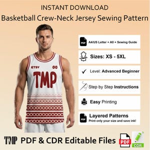 May include: A digital sewing pattern for a basketball crew-neck jersey. The white jersey features red trim, the text TMP, and a geometric pattern at the bottom. Includes A4, US Letter, and A0 formats, sizes XS-5XL, step-by-step instructions, and PDF/CDR files.
