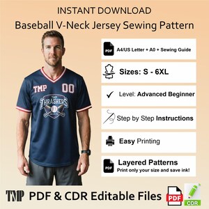 May include: A digital sewing pattern for a navy blue baseball V-neck jersey with red and white trim. The graphic features the text TMP THRASHERS with crossed bats and a baseball. Includes PDF and CDR files for sizes S-6XL with step-by-step instructions.