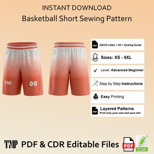 Könnte beinhalten: Ein digitales Schnittmuster für Basketballshorts mit orange-weißem Farbverlauf und topographischem Linienmuster. Der Text enthält Instant Download, Basketball Short Sewing Pattern, PDF & CDR Editable Files sowie die Größen XS-5XL.
