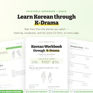 Lär dig koreanska genom K-Dramas arbetsbok | Nybörjarfraser | Fraser för första mötet | Utskrivbar PDF + ljud | Skapad av koreanska infödda