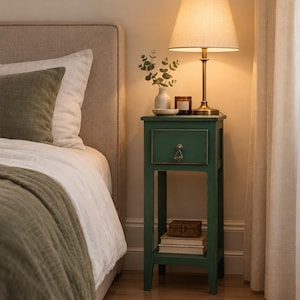 May include: A tall, dark green wooden bedside table featuring a single drawer with a decorative metal pull handle. The table has an open lower shelf holding two stacked books and a small box, topped with a lamp, a vase, and a candle.
