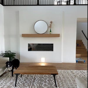 May include: A modern living room with a white fireplace, a round mirror, a wooden coffee table, and a black and white dog. The fireplace has a black hearth and a wooden mantel.