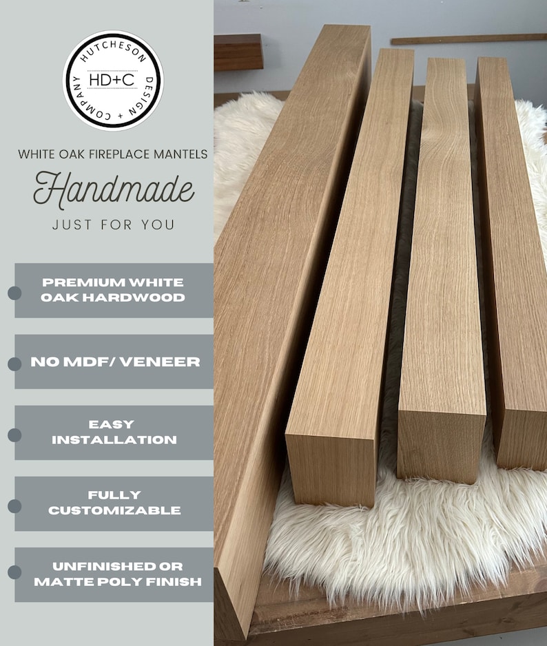 May include: Four unfinished white oak fireplace mantels, each with a rectangular shape, are stacked on top of each other. The mantels are made of premium white oak hardwood and are fully customizable. They are available in an unfinished or matte poly finish.