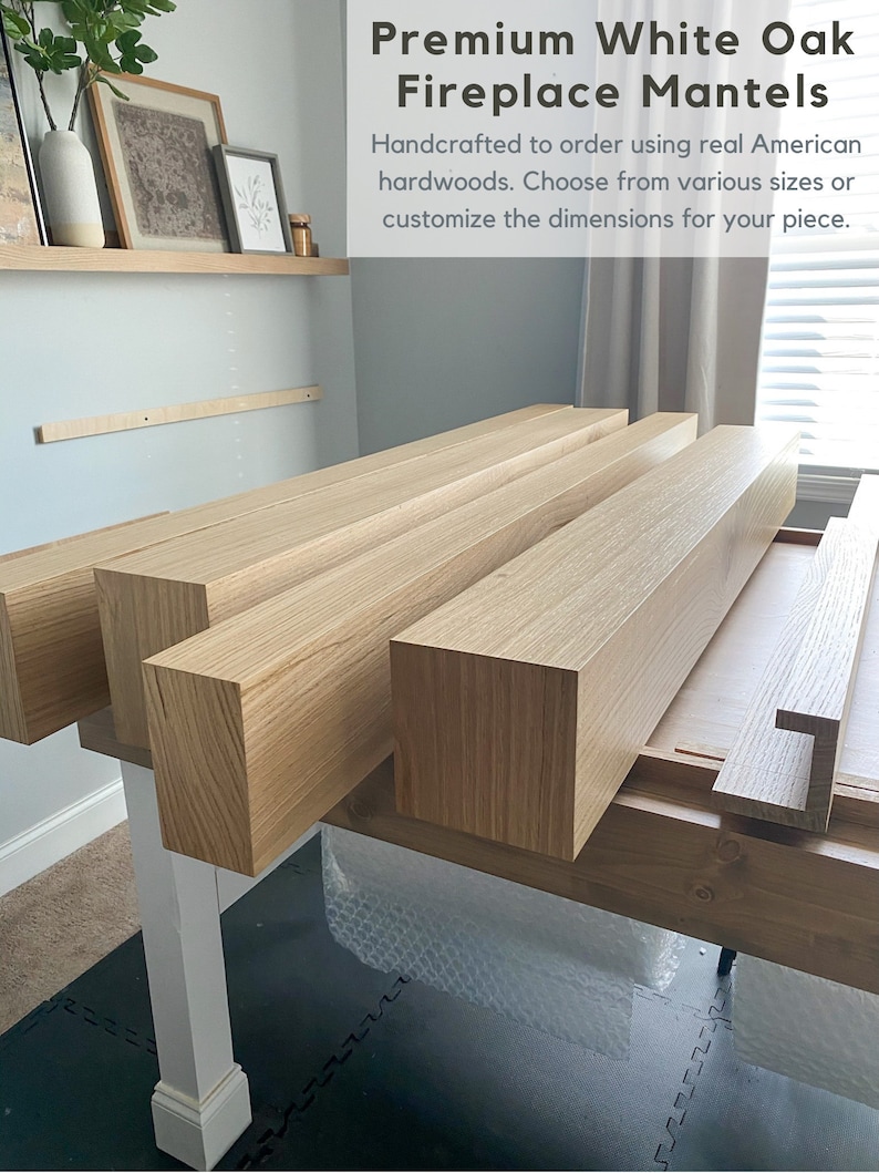 Premium white oak mantel, custom built for you! You choose the mantel dimensions & finish. We use premium rift, quarter & live-sawn white oak hardwood! Mantels are hollow, resembling a wooden beam. Installation is easy, using a French Cleat.