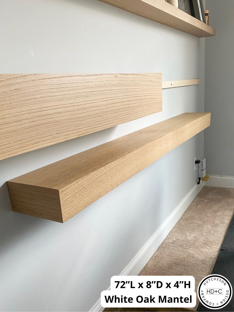 Custom White Oak fireplace mantel, built for you! Easy install using included French cleat. We use rift, quarter & live-sawn white oak hardwood, which has been locally sourced from specialty wood shops! Any dimension available. 

Mantle, wooden beam