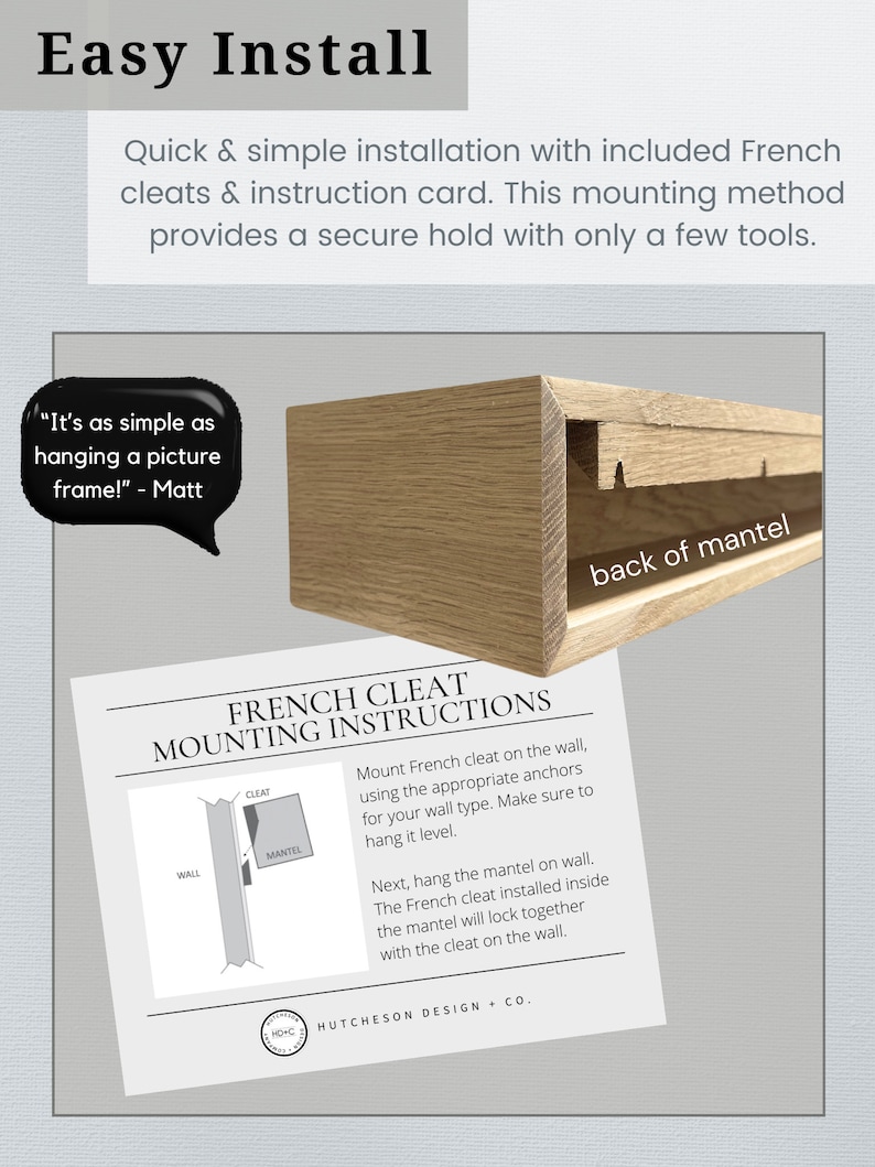 Premium white oak mantel, custom built for you! You choose the mantel dimensions & finish. We use premium rift, quarter & live-sawn white oak hardwood! Mantels are hollow, resembling a wooden beam. Installation is easy, using a French Cleat.