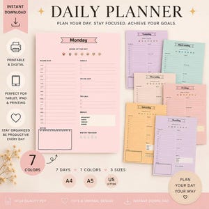 Può includere: Un set di sette pagine di pianificazione giornaliera in diversi colori pastello, ciascuna con sezioni per programma, obiettivi, lista di cose da fare, chiamate, pasti, tracker dell'acqua e note. Il testo include 'DAILY PLANNER', 'PLAN YOUR DAY. STAY FOCUSED.'
