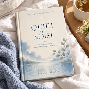 May include: A hardcover book titled Quiet The Noise: A Guided Journal for Anxious Thoughts and Overthinking by Meghan Thrasher. The cover features a watercolor illustration of a calm lake, blue sky, and a green leafy branch.