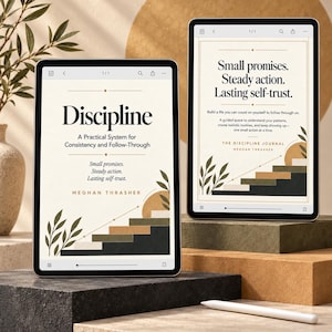 May include: Two tablets display digital journal pages titled Discipline: A Practical System for Consistency and Follow-Through by Meghan Thrasher. The screens feature text about self-trust and a graphic of stairs with leaves.