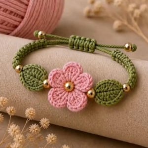 May include: A macrame bracelet featuring a central pink crocheted flower with a gold-toned bead at its center, flanked by two green crocheted leaves. The band is made of green cord with adjustable sliding knots and small gold-toned accent beads.