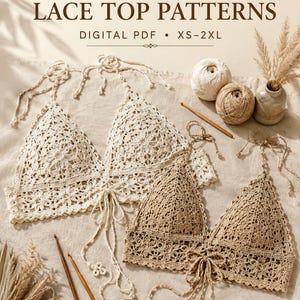 May include: Two crochet lace halter tops in cream and tan, featuring intricate floral motifs and tie-front closures. The text reads 2 CROCHET LACE TOP PATTERNS DIGITAL PDF XS-2XL. Includes two balls of yarn and two wooden crochet hooks.