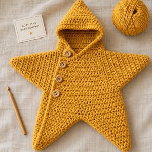 Puede incluir: Un saco de dormir para bebé en forma de estrella, tejido a ganchillo en color amarillo mostaza, con capucha y cuatro botones de madera. Incluye un ovillo de lana a juego, un ganchillo de madera y una tarjeta blanca con el texto COZY STAR BABY BUNTING.