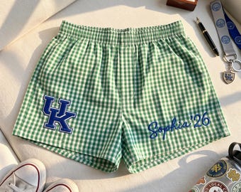 Custom Embroidered Gingham Shorts, Personalized College Boxer Shorts, Graduation Gift For Her, Custom Name Dorm Pajama Shorts, Preppy Shorts