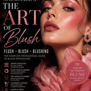 Może przedstawiać: Okładka książki zatytułowana The Beauty Archive autorstwa Stavrosa Brezasa, The Ultimate Guide to The Art of Blush. Przedstawia osobę z różowym różem do policzków, złotymi kolczykami i różowym kwiatem. Tekst zawiera History & Evolution i Pro Tips.