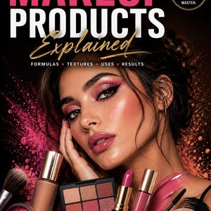 May include: A book cover titled The Ultimate Guide to Makeup Products Explained, featuring a person with pink eyeshadow and lipstick, surrounded by makeup brushes, foundation, an eyeshadow palette, lipstick, and mascara against a dark background.