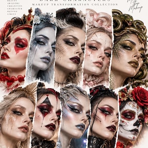 Può includere: Un poster intitolato HALLOWEEN BEAUTY ARCHIVE DARK CHARACTERS MAKEUP TRANSFORMATION COLLECTION BY STAVROS BREZAS. Presenta dieci ritratti di persone con trucchi artistici elaborati, inclusi temi come una regina, serpenti e motivi a teschio.