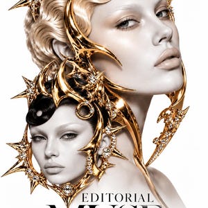 May include: A book cover titled EDITORIAL MUSE FACE CHART BOOK BY STAVROS BREZAS featuring two faces adorned with intricate gold, spiked headpieces encrusted with clear crystals. The top face has blonde hair, and the bottom face has black hair.