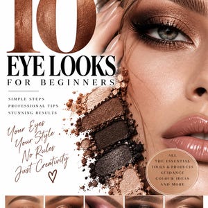 Pode incluir: Um guia de maquilhagem intitulado 10 Eye Looks for Beginners de The Beauty Archive by Stavros Brezas. A capa apresenta um close-up de um rosto com sombra bronze, uma paleta de quatro tons de pó castanho e preto e cinco pequenos exemplos.