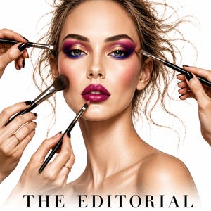 May include: A person with vibrant purple and gold eyeshadow and deep magenta lipstick, surrounded by multiple makeup brushes applying cosmetics. The text reads THE EDITORIAL FACE COLLECTION BY STAVROS BREZAS VOL 3 in black lettering.