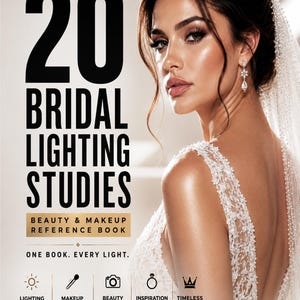 May include: A book cover titled 20 Bridal Lighting Studies by Stavros Brezas, featuring a portrait of a person in a white beaded wedding dress and veil. The text includes Beauty & Makeup Reference Book, One Book. Every Light., and icons for lighting, makeup, beauty, inspiration, and timeless.