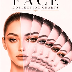 Può includere: Una copertina di libro intitolata THE FACE COLLECTION CHARTS di Stavros Brezas Vol 2. La copertina presenta una disposizione a ventaglio di sette volti che mostrano vari stili di trucco, dai toni dorati caldi a look più scuri e drammatici.