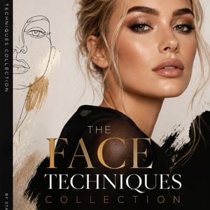 May include: A book titled The Face Techniques Collection by Stavros Brezas featuring a portrait of a person with makeup, a gold brushstroke graphic, and a line art face illustration. The cover text lists topics including colour correction and contouring.