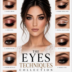 Könnte beinhalten: Ein Leitfaden mit dem Titel The Eyes Techniques Collection von Stavros Brezas, der neun verschiedene Augen-Make-up-Stile zeigt, darunter Classic Bridal, Rose Gold, Arabian Glam, Chrome Metallic, Siren Eyes, Double Wing Liner, Graphic White Liner, Cut Crease und Smokey Eyes.