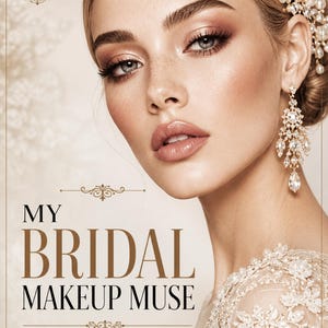 Könnte beinhalten: Ein Buchcover mit dem Titel My Bridal Makeup Muse Face Charts von Stavros Brezas. Das Cover zeigt das Porträt einer Person mit sanftem Make-up, die ein weißes Spitzenkleid, ein Haaraccessoire aus Perlen und Kristallen sowie Ohrringe trägt.