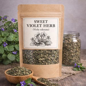May include: A brown kraft paper pouch containing dried Sweet Violet Herb (Viola odorata) with a clear window. The label features a botanical illustration of the plant. A wooden bowl and spoon filled with the dried herb sit in front of the pouch.