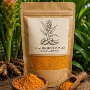 May include: A brown paper pouch containing bright orange turmeric root powder with a label featuring a botanical illustration of the plant and the text TURMERIC ROOT POWDER (CURCUMA LONGA). A wooden bowl and scoop filled with the powder sit nearby.