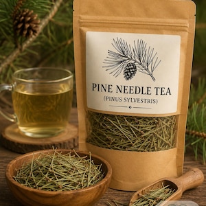 May include: A brown paper pouch of pine needle tea with a label reading PINE NEEDLE TEA (PINUS SYLVESTRIS) and a clear window showing dried needles. A wooden bowl and a small wooden scoop contain loose pine needles, and a glass of tea sits nearby.