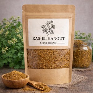 May include: A brown paper pouch containing Ras-El Hanout spice blend with a clear window showing the golden-brown granules. The label features a botanical illustration and the text LuvHerbs. A wooden bowl and spoon filled with the spice sit nearby.