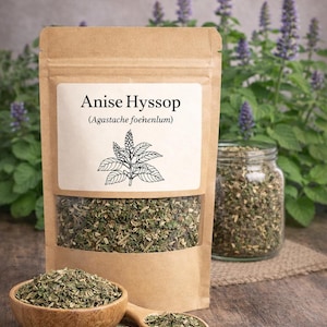 May include: A brown paper pouch containing dried Anise Hyssop (Agastache foeniculum) with a clear window, a white label with black text and a botanical illustration, a wooden bowl, and a wooden spoon filled with the dried green herb mixture.