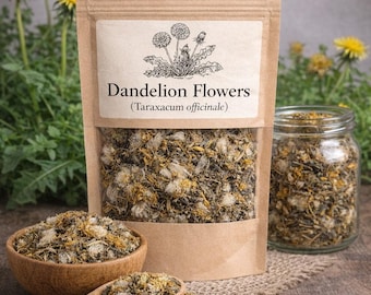 May include: A brown paper pouch containing dried dandelion flowers with a clear window, labelled Dandelion Flowers (Taraxacum officinale). A wooden bowl and spoon filled with the dried herbs sit beside a glass jar of the same botanical product.