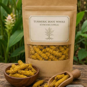 May include: A brown paper pouch containing whole turmeric roots, labeled TURMERIC ROOT WHOLE (CURCUMA LONGA) with a plant illustration. A wooden bowl and a small wooden scoop filled with additional dried, knobby, golden-yellow turmeric roots.