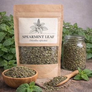 May include: A brown paper pouch labeled LuvHerbs Spearmint Leaf Mentha spicata containing dried green herbs. The pouch features a clear window showing the contents. Nearby are a wooden bowl and a glass jar filled with the same dried herbs.