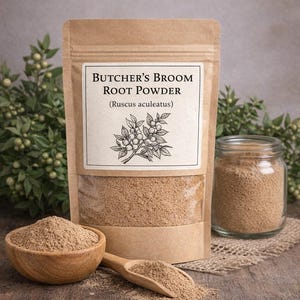May include: A brown kraft paper pouch of Butcher's Broom Root Powder (Ruscus aculeatus) with a clear window, a wooden bowl filled with the light brown powder, and a small wooden scoop. The label features a botanical illustration of the plant.