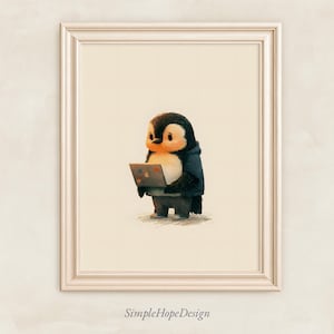 Programmer Wall Art, Penguin Laptop Illustration, Storybook Digital Download