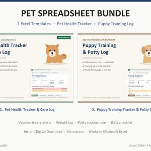 Pet Health Tracker & Puppy Training Log Bundle, 2 Excel Templates, Vaccination and Vet Record, Potty Training Log, Dog Cat Care Planner