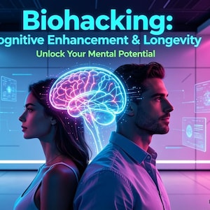 May include: A digital graphic featuring the text Biohacking: Cognitive Enhancement & Longevity, Unlock Your Mental Potential, and Longevity & Mental Clarity. Two individuals stand back-to-back with a glowing blue and pink neon brain illustration.
