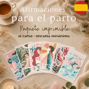 May include: A set of 60 printable affirmation cards for childbirth, featuring colorful illustrations of people and nature. The text reads: Afirmaciones para el parto, Paquete imprimible, 60 CARTAS, DESCARGA INSTANTÁNEA, and various Spanish phrases on each card.