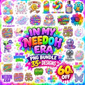 Puede incluir: Una colección digital de más de 35 diseños gráficos coloridos con el texto In My Needoh Era, que incluye ilustraciones de un corazón arcoíris, un hongo, una bola de discoteca, un fantasma, un gato, un alienígena y varios patrones derretidos.