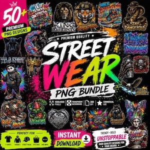 Peut inclure: Une collection numérique de plus de 50 designs graphiques présentant des illustrations vibrantes de style urbain, incluant des animaux, des crânes, des baskets et des motifs urbains. Le texte central indique STREET WEAR PNG BUNDLE, avec des éléments textuels comme KING ENERGY, WILD SPIRIT et NO RULES.